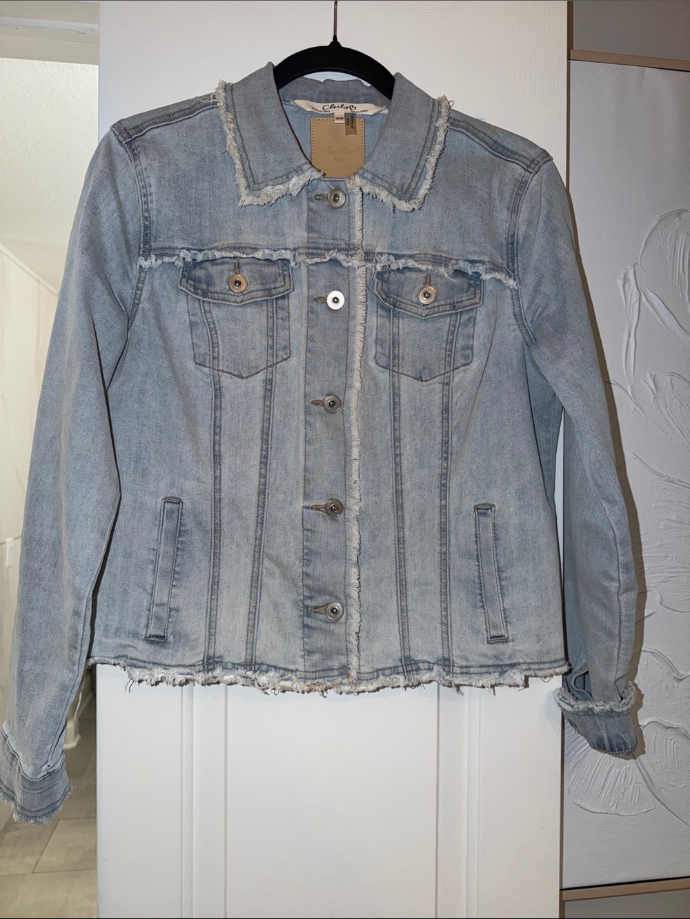 Charlie B Faded Light Blue Denim Jacket with Frayed Edges Like New Size Medium